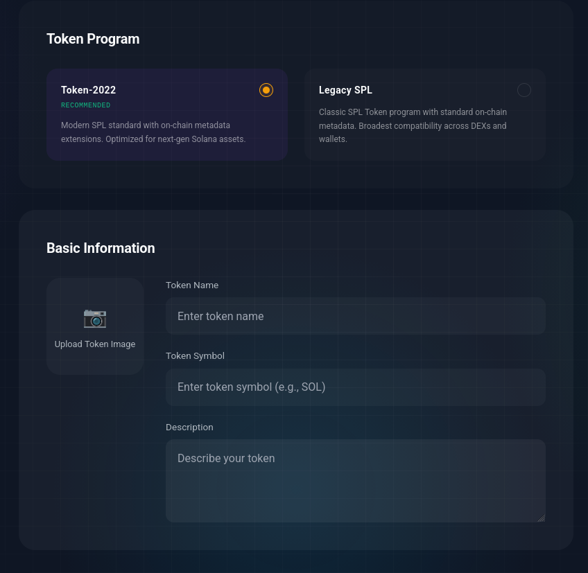 The mode selector and basic token information